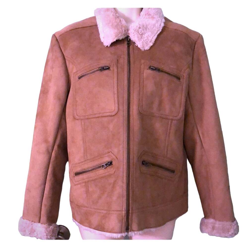 Disney Parks Light brown Faux Suede Embroidered Jacket Sherpa Size Large